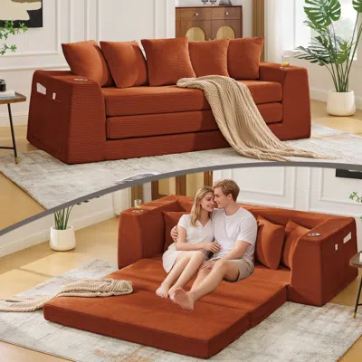 Streamdale Furniture Streamdale Orange Corduroy Convertible Sofa Bed With 5 Pillows & Side Pocket