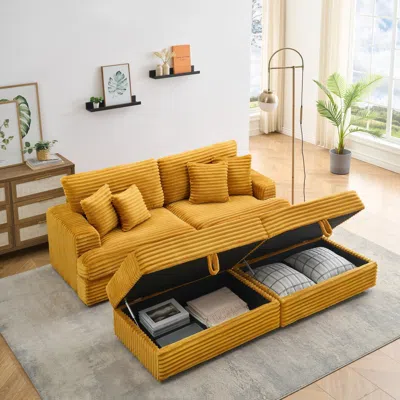 Streamdale Furniture Streamdale Orange Corduroy Sofa W/ Storage Legs & 4 Pillows In Yellow