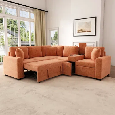 Streamdale Furniture Streamdale Orange L-shaped Convertible Sofa Bed Modular Sectional With Storage & Cup Holders