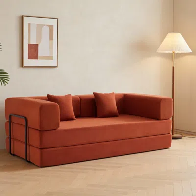 Streamdale Furniture Streamdale Orange Red Corduroy Convertible Sleeper Sofa Bed With Pillow