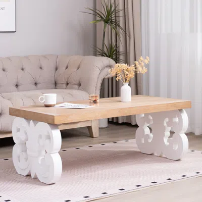 Streamdale Furniture Streamdale Ornate Wood Coffee Table - Farmhouse Style, Carved Base, Natural Wood Top In White