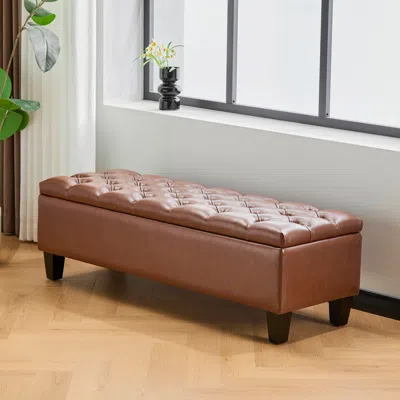 Streamdale Furniture Streamdale Ottoman Bench With Storage, Brown Pu Surface, Rubber Wood Legs, 300 Lbs Capacity