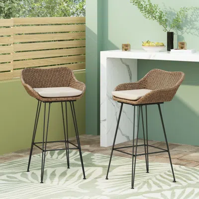 Streamdale Furniture Streamdale Outdoor 29.25" Wicker And Iron Barstool With Cushion (set Of 2)
