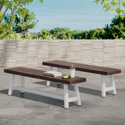 Streamdale Furniture Streamdale Outdoor Carlisle Benches, Sandblasted Dark Brown + White(set Of 2)