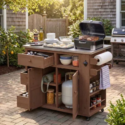 Streamdale Furniture Streamdale Outdoor Extendable Wood Kitchen Island With Stainless Steel Top