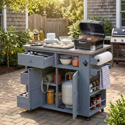 Streamdale Furniture Streamdale Outdoor Extendable Wood Kitchen Island With Stainless Steel Top, Gray