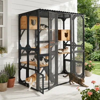 Streamdale Furniture Streamdale Outdoor Fir Wood Catio With Sleeping Houses, Platforms, And Scratching Post