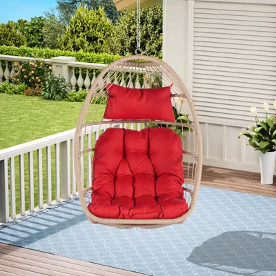 Streamdale Furniture Streamdale Outdoor Garden Rattan Egg Swing Chair Hanging Chair Wood+red Cushion
