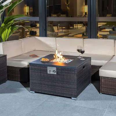 Streamdale Furniture Streamdale Outdoor Gas Fire Pit Square Dark Brown Wicker Fire Pit Table In Gray