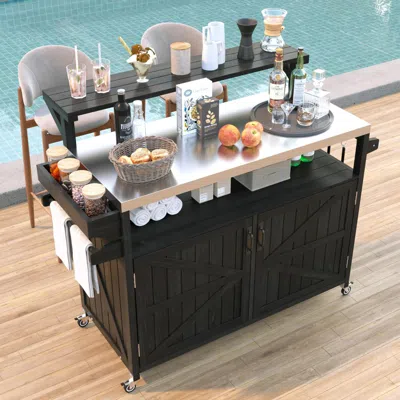 Streamdale Furniture Streamdale Outdoor Kitchen Island, Wood Cabinet, Stainless Top, Rolling Grill Cart - Black In Multi