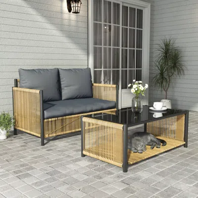 Streamdale Furniture Streamdale Outdoor Pe Brown Wicker 2seats Sofa With Grey Cushion And Table Set