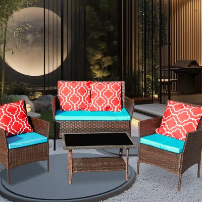 Streamdale Furniture Streamdale Outdoor Rattan Sofa Set With Table & Sapphire Cushions