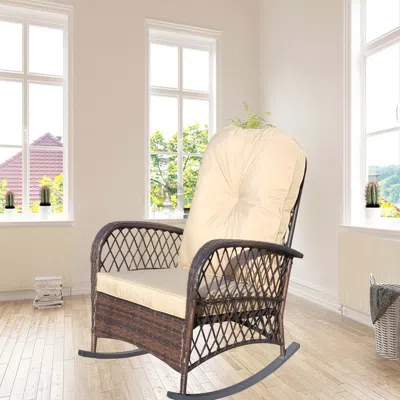 Streamdale Furniture Streamdale Outdoor Wicker Rocking Chair, Wide Seat, Thick Cushion, Steel Frame, Brown Cushion