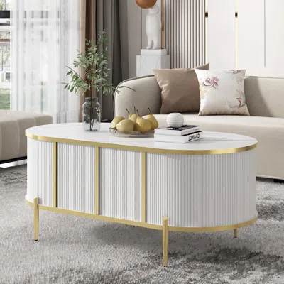 Streamdale Furniture Streamdale Oval Coffee Table With Cabinets, Modern Marble-patterned Design