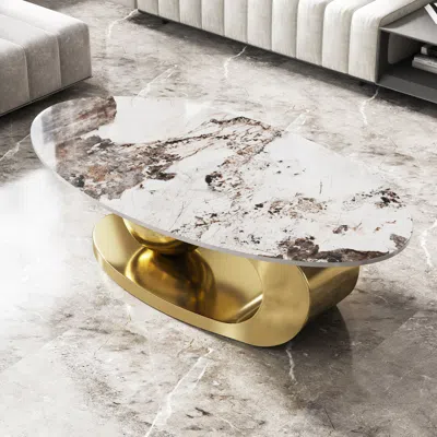 Streamdale Furniture Streamdale Oval Faux Marble Coffee Table With Stainless Steel Base In Gold