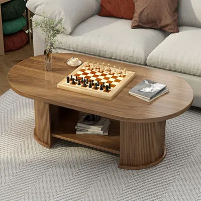 Streamdale Furniture Streamdale Oval Fluted Coffee Table, 47" Farmhouse Wood, Mid-century 2-tier With Storage, Walnut In Brown