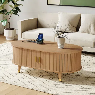 Streamdale Furniture Streamdale Oval Fluted Coffee Table With Charging Station - Mid-century Style
