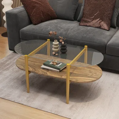 Streamdale Furniture Streamdale Oval Glass Coffee Table, Mid-century Modern, Walnut Shelf, Gold Frame In Brown