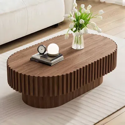 Streamdale Furniture Streamdale Oval Mid Century Modern Fluted Wood Coffee Table, 43.1" Walnut