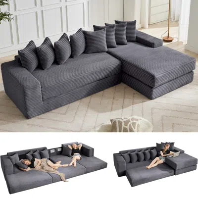 Streamdale Furniture Streamdale Oversize Cloud Couch, L-shape Sleeper Sofa, 8 Pillows, Corduroy, Dark Gray (right Facing)