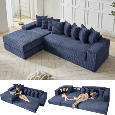 Streamdale Furniture Streamdale Oversize Cloud Couch L-shape Sleeper Sofa Bed, 8 Pillows, Corduroy, Blue