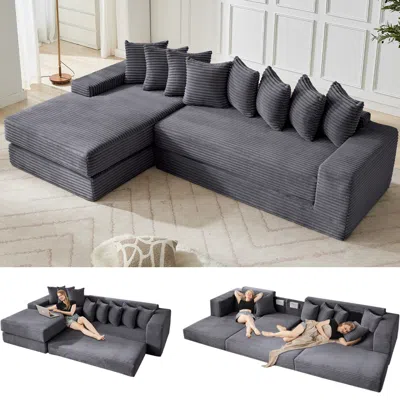 Streamdale Furniture Streamdale Oversize Cloud Couch L-shape Sleeper Sofa Bed, 8 Pillows, Corduroy, Dark Gray