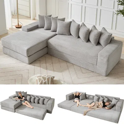 Streamdale Furniture Streamdale Oversize Cloud Couch L-shape Sofa Bed, 8 Pillows, Corduroy, Light Gray (left Facing)