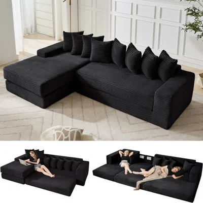 Streamdale Furniture Streamdale Oversize Cloud Sectional Couch, L-shape Sofa Bed, 8 Pillows, Corduroy, Black