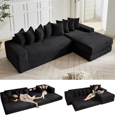 Streamdale Furniture Streamdale Oversize Cloud Sectional Sofa Bed, L-shape, 8 Pillows, Corduroy, Black (right Facing)