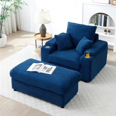 Streamdale Furniture Streamdale Oversized Accent Chair With Ottoman, Wide Armrests, Reading Chair - Blue