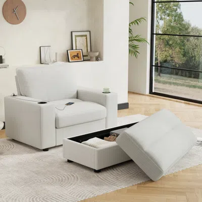 Streamdale Furniture Streamdale Oversized Corduroy Chaise Lounge With Storage Ottoman, Cup Holders & Usb
