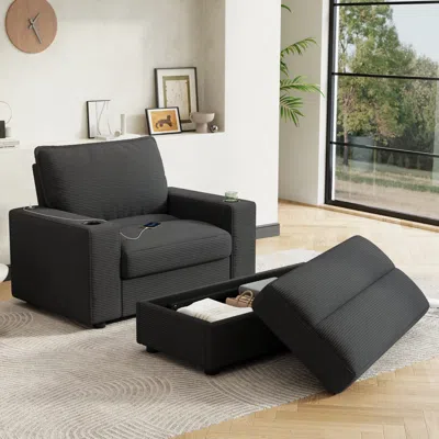 Streamdale Furniture Streamdale Oversized Corduroy Chaise Lounge With Storage Ottoman, Cup Holders & Usb