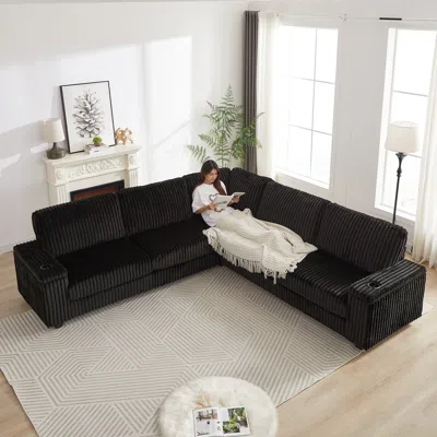 Streamdale Furniture Streamdale Oversized Corduroy Corner Sofa W/ Storage, Usb, Cup-holder (not Combinable) In Black