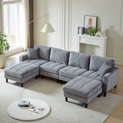 Streamdale Furniture Streamdale Oversized Corduroy U-shaped Sectional With Pillows & Ottomans