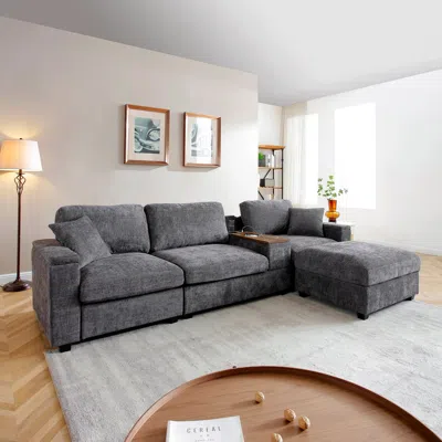 Streamdale Furniture Streamdale Oversized L-shaped Sectional Sofa With Drop Down Table & Storage Ottoman In Gray