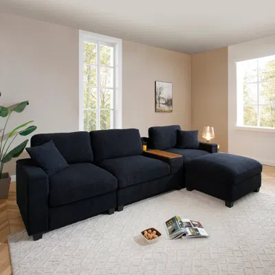 Streamdale Furniture Streamdale Oversized L-shaped Sectional Sofa With Drop Down Table & Storage Ottoman In Blue