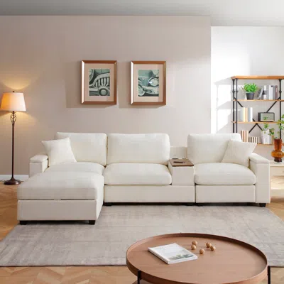 Streamdale Furniture Streamdale Oversized L-shaped Sectional Sofa With Drop Down Table & Storage Ottoman In White
