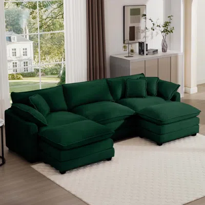 Streamdale Furniture Streamdale Oversized Modular Cushion Sofa With Ottoman, L-shaped Corner Sofa Bed, Green Corduroy