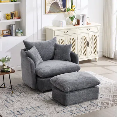 Streamdale Furniture Streamdale Oversized Swivel Accent Chair With Ottoman & Pillows In Gray