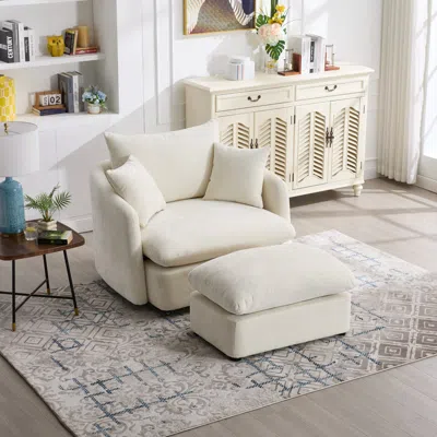 Streamdale Furniture Streamdale Oversized Swivel Accent Chair With Ottoman & Pillows In White