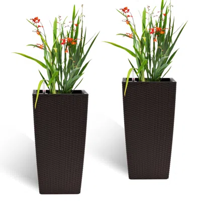 Streamdale Furniture Streamdale Pack Of 2 Brown Square Planter 22-inch Faux Rattan Flower Pot With Auto Watering In Black