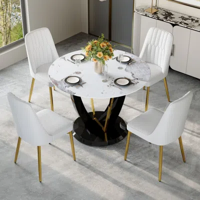 Streamdale Furniture Streamdale Pandora Dining Set 42" Glass Table With Marble Pattern, 4 Chairs