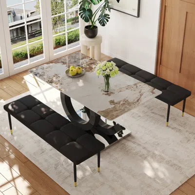 Streamdale Furniture Streamdale Pandora Dining Table Set With Benches Modern Luxury For Your Home