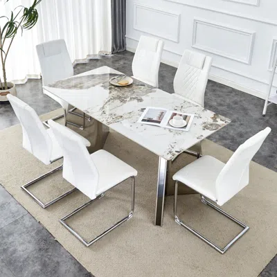 Streamdale Furniture Streamdale Pandora Sintered Stone Table (63" L) With 6 Chairs