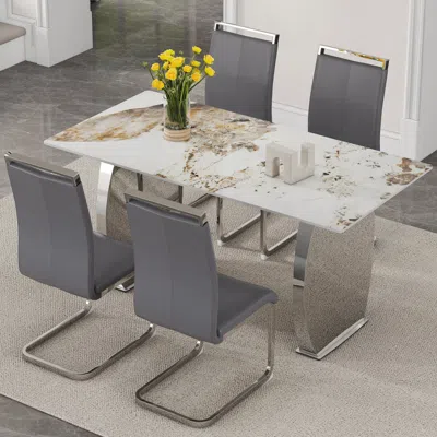 Streamdale Furniture Streamdale Pandora Stone Dining Table Set With 4 Gray Chairs