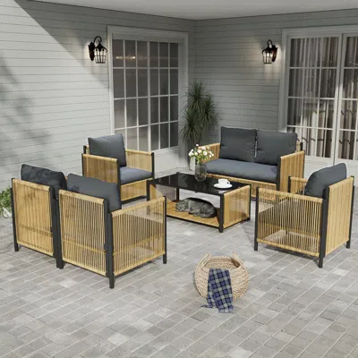 Streamdale Furniture Streamdale Patio 6 Pieces Brown Pe Wicker Sofa Set With Grey Cushion