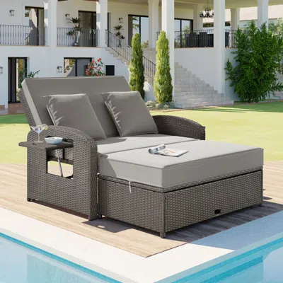 Streamdale Furniture Streamdale Pe Wicker Double Chaise Lounge, Reclining, Cushions, Cover, Gray