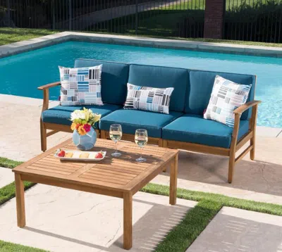 Streamdale Furniture Streamdale Perla 3 Seater Sofa And Table Set, Blue