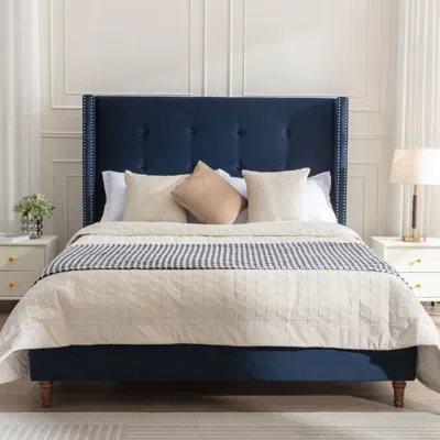 Streamdale Furniture Streamdale Peyton King Bed: Blue Velvet, No Box Spring Needed