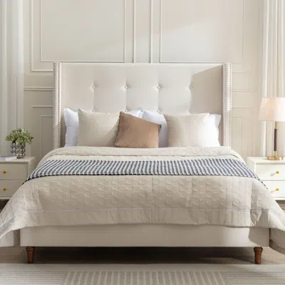 Streamdale Furniture Streamdale Peyton King Bed: Ivory Velvet, Hand-buttoned Tufting